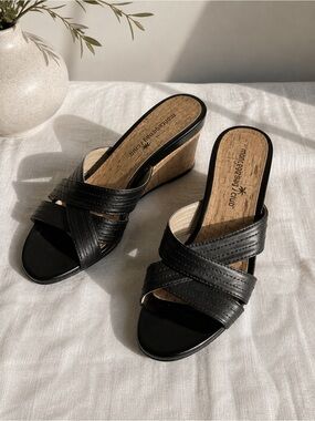 Montego Bay Club Black Strappy Cork Wedge Sandals Size 8 Comfort Summer Shoes